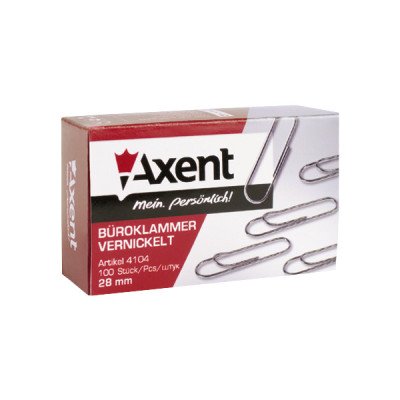 Скрепка 28мм, 100шт. AXENT, с загибом никелир.