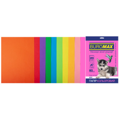 Набор цветной бумаги А4, 80г/м2, NEON+INTENSIV, 10цв., 20л.