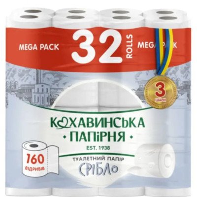 Туалетная бумага  "Серебро" целлюлозная 3-х сл. 32 шт Кохавинка