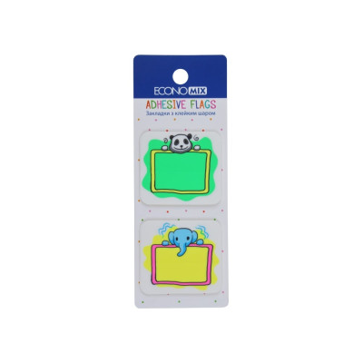 Закладки з клейким шаром 40х45 мм Economix Fun Panda & elephant, 40 шт., пластикові, асорті