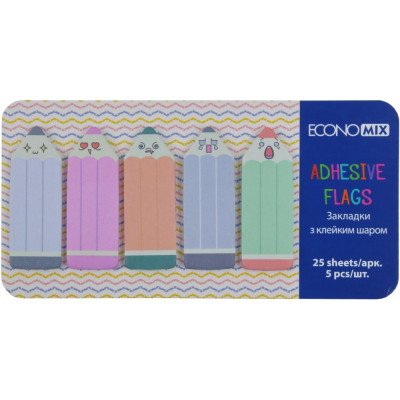 Закладки з клейким шаром 18х50 мм Economix Fun Pencils, 125 шт., паперові, 5 кольорів асорті