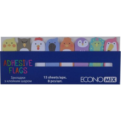 Закладки з клейким шаром 15х48 мм Economix Fun Birds, 120 шт., паперові, 8 кольорів асорті