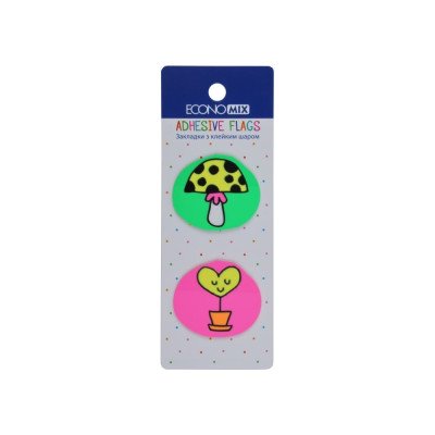 Закладки з клейким шаром 35х40 мм Economix Fun heart and mushroom, 40 шт., пластикові, асорті