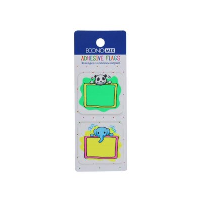 Закладки з клейким шаром 40х45 мм Economix Fun Panda & elephant, 40 шт., пластикові, асорті