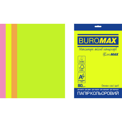 Бумага цветная Euromax 80г/м2, NEON, 4 цвета, 20листов