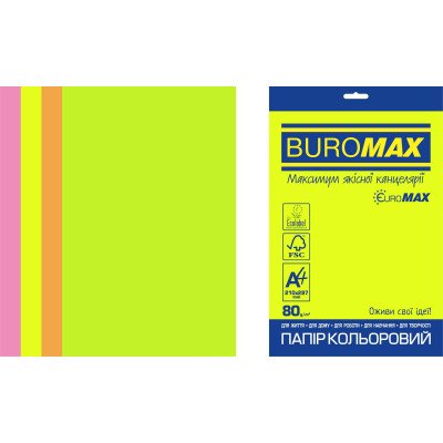 Бумага цветная Euromax 80г/м2, NEON, 4 цвета, 20листов