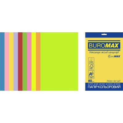 Бумага цветная Euromax 80г/м2, NEON+INTENSIVE, 10цветов, 20листов