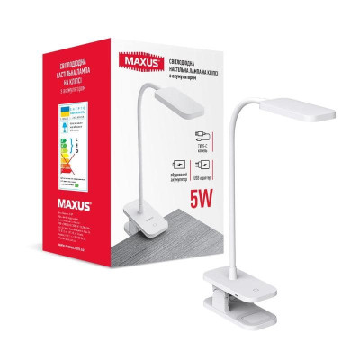Лампа настільна MAXUS Desk Lamp 5W 5000K WH CLIP Battery