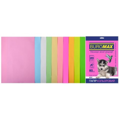 Набор цветной бумаги А4, 80г/м2, PASTEL+NEON, 10цв., 20л.