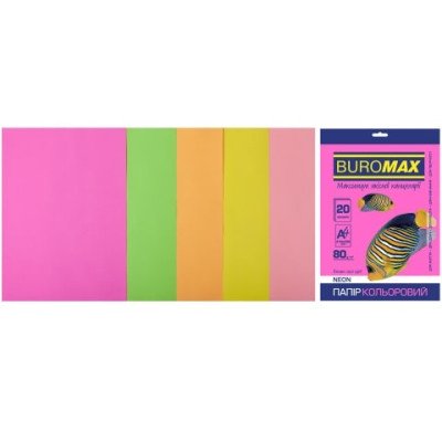 Набір кольорового паперу А4, 80г/м2, NEON, 5кол. 20арк.