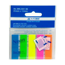 Закладки пласт. с липким слоем NEON 45x12мм, 5х20л., JOBMAX, ассорти BM2301-98